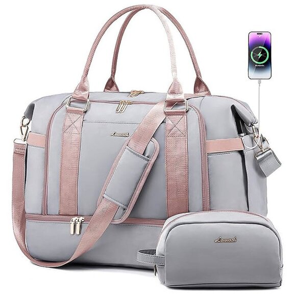Gym Bag for WomenTravel Duffel Bag with USB Charging Port, Grey